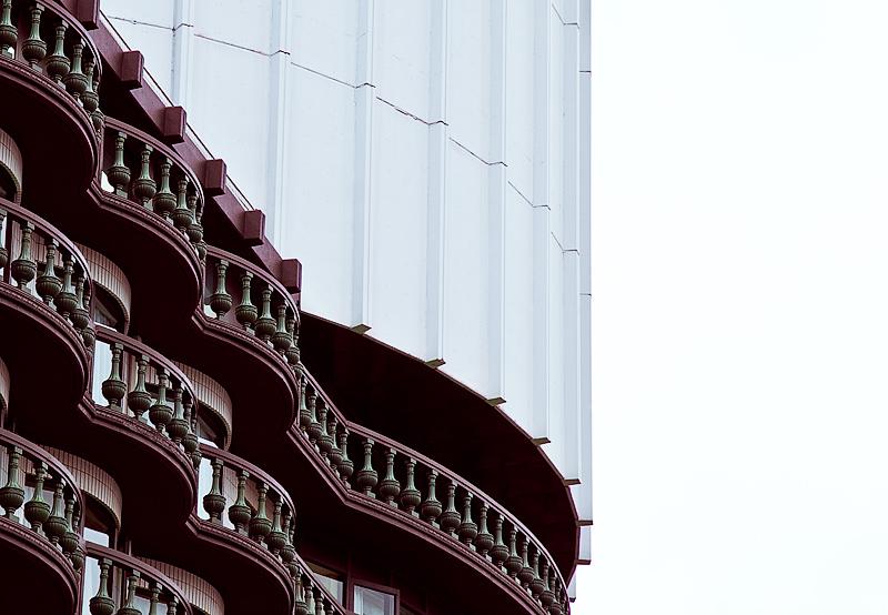 The giant white gear and the red hotel